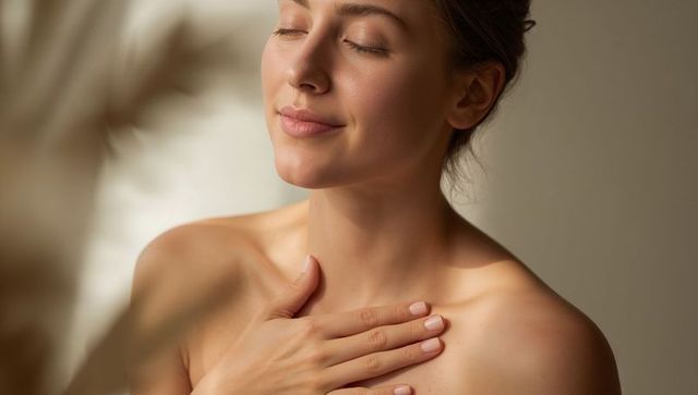 Serene woman resting with hand on chest in soft light wellness and skincare portrait