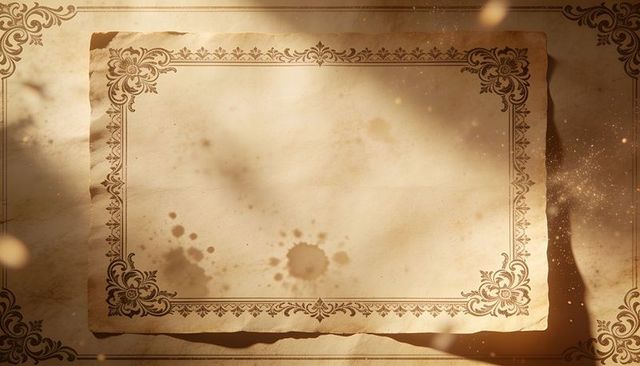 Displaying aged parchment with ornate floral border, sepia stains and curled edges