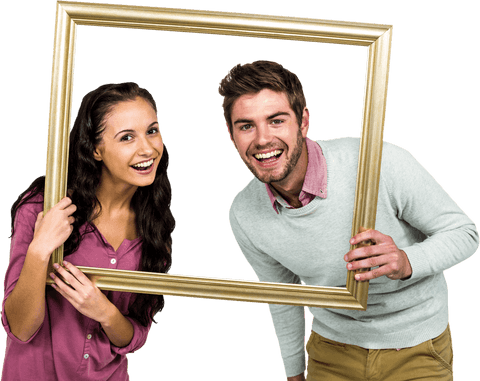 Smiling couple holding transparent frame together
