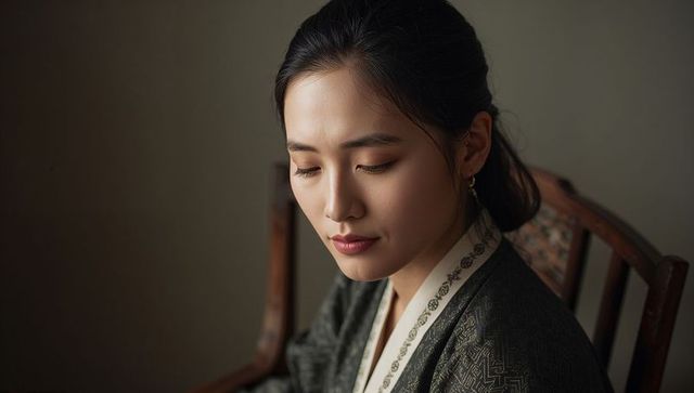 Contemplative asian woman sitting in embroidered robe, warm light shaping face