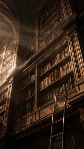Panning Up Towering Ornate Library Shelves with Rolling Ladder and Golden Sunbeams