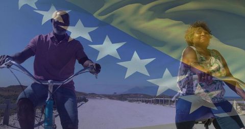 Mature couple cycling along coastal road with bosnia and herzegovina flag overlay