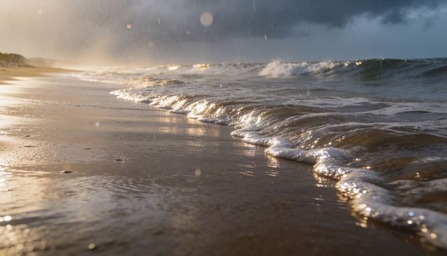 Foamy waves lapping wet sand and catching golden rainlight on moody coastline