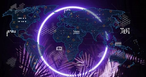 Violet neon ring encircling holographic world map with data nodes and palm silhouettes