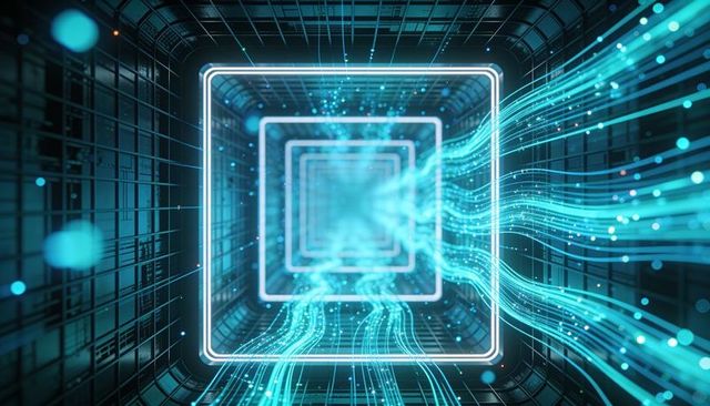 Neon data tunnel streaming cyan light through nested square portal for ai networks