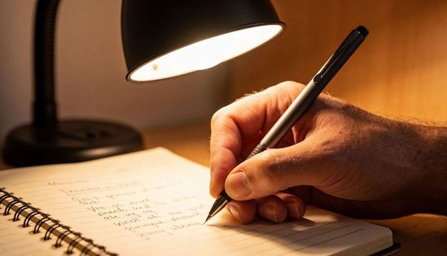 Right-hand writing in spiral notebook under warm desk lamp holding black pen for journaling