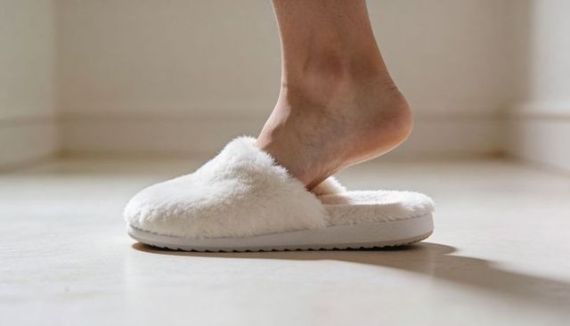 Sliding foot into plush white slipper on pale floor casting soft shadow cozy footwear