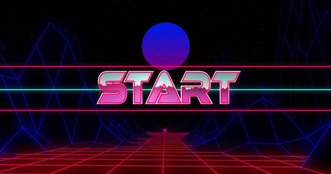 Neon cyberpunk start button on futuristic digital landscape