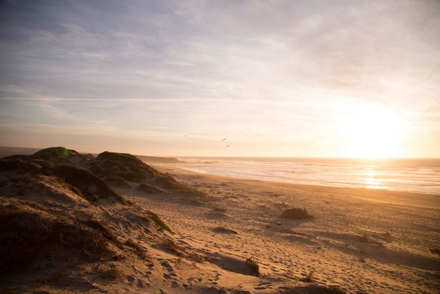 Capturing a beautiful sunset over a sandy beach with rolling dunes and a tranquil ocean. Ideal for travel blogs, nature enthusiasts, coastal-themed design projects, and promoting tranquil vacation destinations.