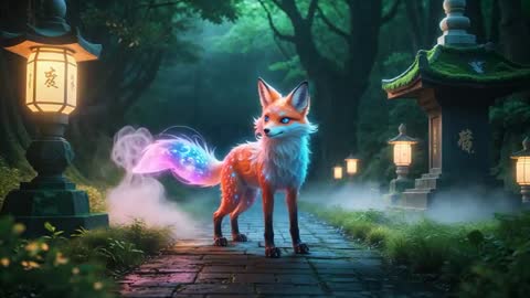 Mystical Fox in Enchanted Temple Landscape