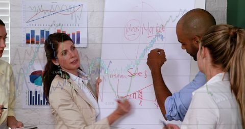 Diverse team analyzing market trends and data analytics