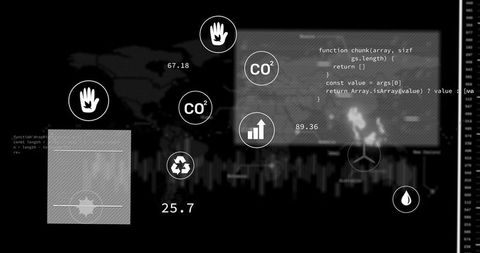 Dark mode eco dashboard interface with co² and recycling icons