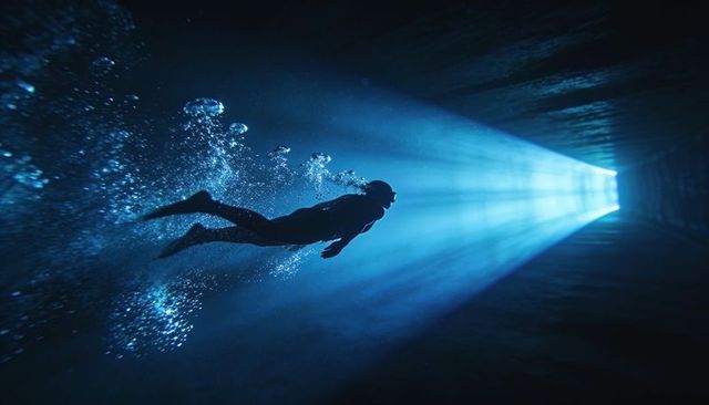 Silhouette diver gliding through underwater light shaft toward distant bright tunnel opening