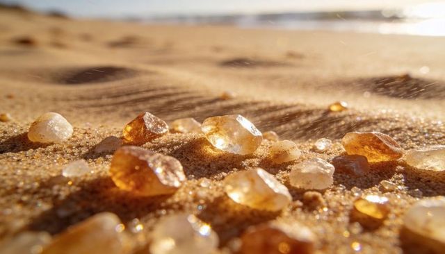 Sunlit amber and clear beach crystals sparkling on golden sand macro close-up
