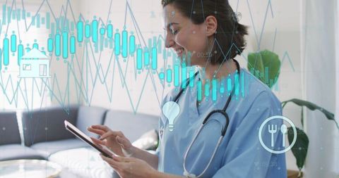 Nurse in Scrubs Utilizing Tablet with Data Overlays in Lounge