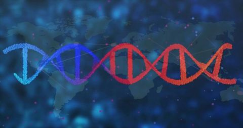 Glowing DNA Double Helix with World Map and Data Points