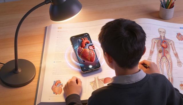 Boy using augmented reality heart model on smartphone while studying human anatomy
