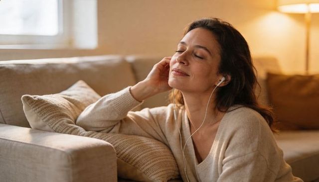 Relaxing woman listening to music with earphones on cozy beige sofa embracing calm