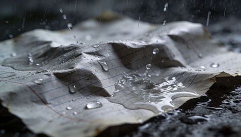 Crumpled lined notebook page soaked by rain with droplets, ripples and torn edges