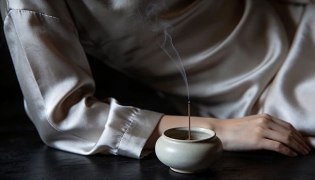 Satin sleeve resting beside smoking incense burner intimate lowkey closeup silk blouse