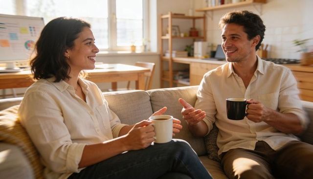 Couple Sharing Coffee and Chatting on Cozy Living Room Sofa, Natural Light