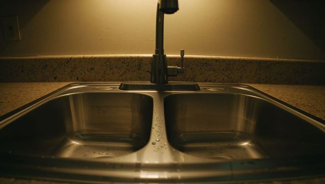 Stainless steel double-basin kitchen sink with center divider and water droplets