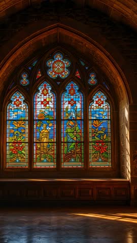 Sunbeam bathing stained-glass lancet window and wooden sill in chapel vertical video
