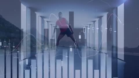 Athlete with Stretching Pose Intersecting Financial Bar Charts