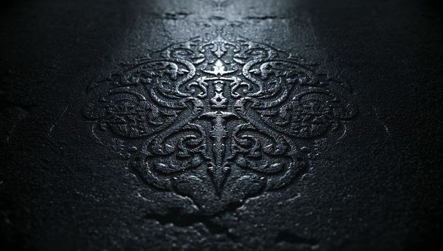 Ornate embossed leather cover illuminated in dark ambience