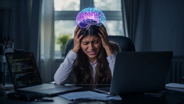Overwhelmed female developer holding head under neon brain hologram indicating burnout