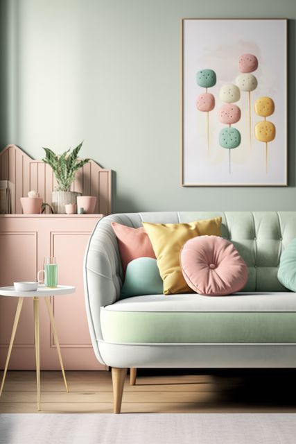 Elegant living room featuring pastel colors and modern decor. Soft pastel sofa adorned with colorful pillows, light teal and pink tones. Modern wall art displaying macaron-inspired motifs. Round, white-top coffee table and minimalist shelving with potted plants add charm and freshness. Perfect for articles on interior design trends, minimalist decorating, and creating cozy home spaces.
