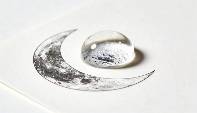Clear water droplet magnifying crescent moon print on white paper, macro reflection
