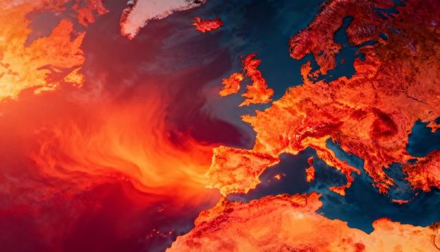 False-Color Thermal Map Showing Extreme Heat Over Western Europe and Atlantic Heat Plume