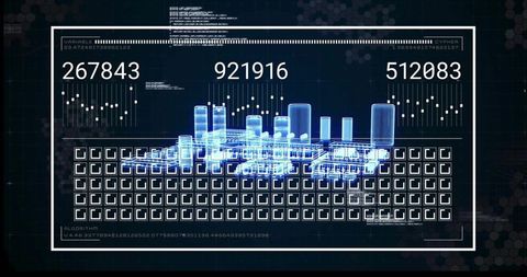 Holographic industrial hud showing 3d plant model, analytics counters, grid interface