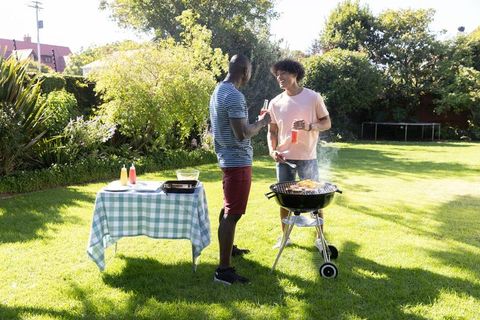 Diverse friends enjoying backyard barbecue celebration