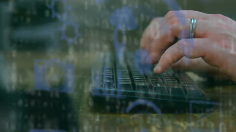 Technology Icons Overlay with Woman Typing on Keyboard