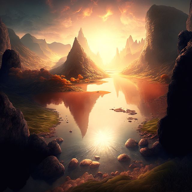Image of fantasy landscape with mountains and sun, created using generative ai technology. Fantasy landscape and nature concept, digitally generated image.