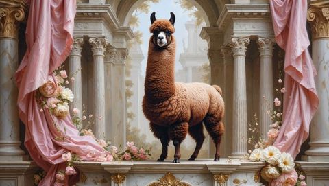 Majestic brown llama in elegant classical setting with drapery