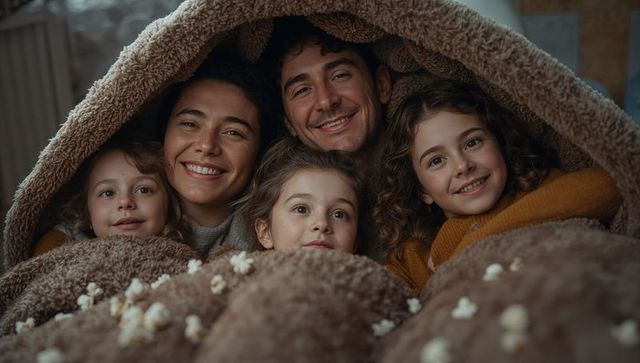 Family Snuggling Under Cozy Blanket with Popcorn at Home