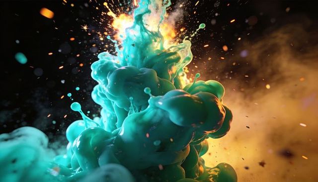 Erupting teal ink explosion with turquoise paint plumes and glowing orange embers