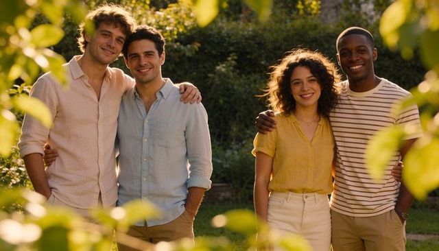 Friends embracing and smiling in golden garden light, outdoor summer backyard portrait