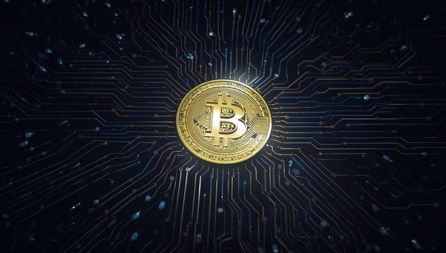 Golden Bitcoin on Futuristic Digital Circuit Board Design