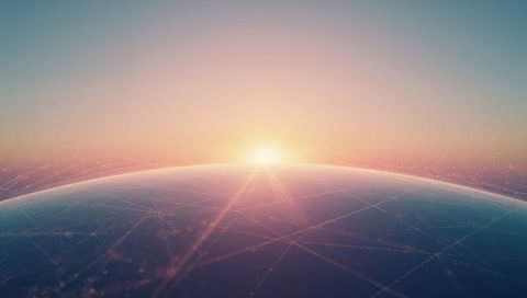 Sunrise over digital earth horizon with network mesh and glowing nodes for global connectivity