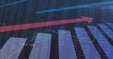 Futuristic dashboard displaying 3d bars, red upward arrow, trendline, terminal error overlay