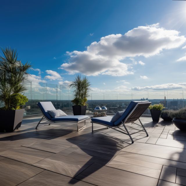 Modern Rooftop Terrace with Lounge Chairs and City Skyline View - Download Free Stock Images Pikwizard.com