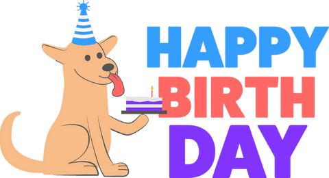 Cheerful dog in party hat with cake on transparent background
