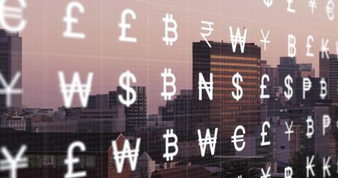 Urban finance overlay with floating currency symbols and reflective skyline at dusk for fintech