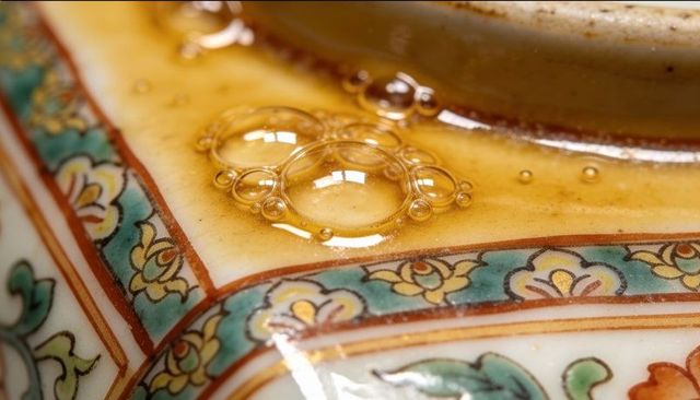 Macro glazed porcelain rim revealing hand-painted floral band with amber droplets