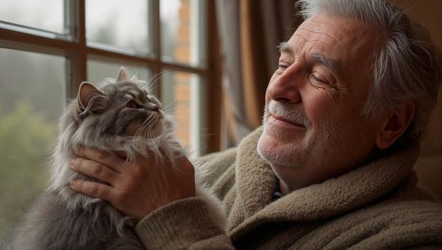 Elderly man cradling long-haired gray cat by window, cozy companionship and calm bond