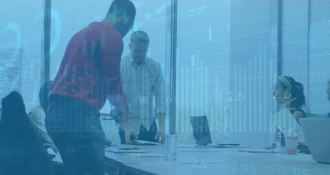 Financial Data Overlay with Diverse Team in Modern Office